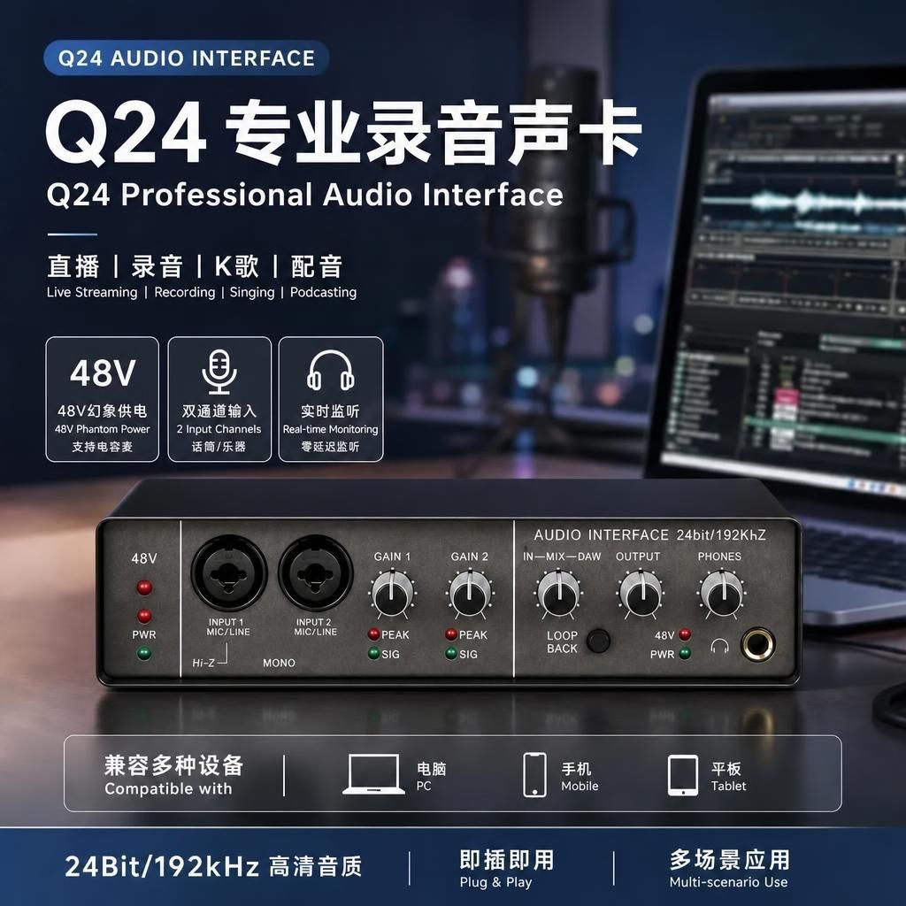 Q24外置专业声卡电脑免驱动手机直播录音K歌支持48v声卡直播全套